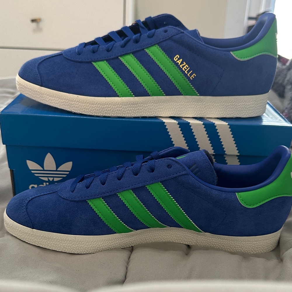 adidas Gazelle Royal Blue Suede Sneakers with Green Stripes